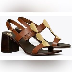 Tory Burch Patos Brown Leather Heeled Sandal with Gold Metallic Disc Detail